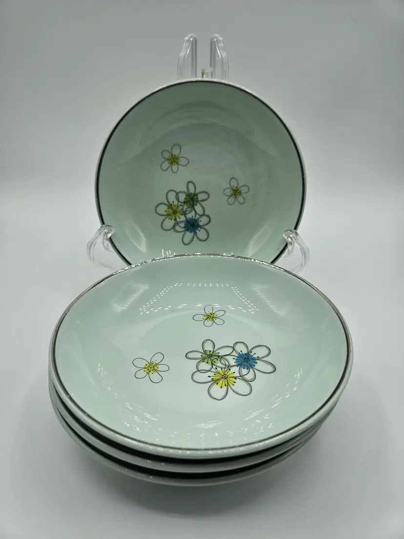 4 Nobility Permaware Vintage Mint Green Floral Fruit Berry Bowls, 5.25", Crazing