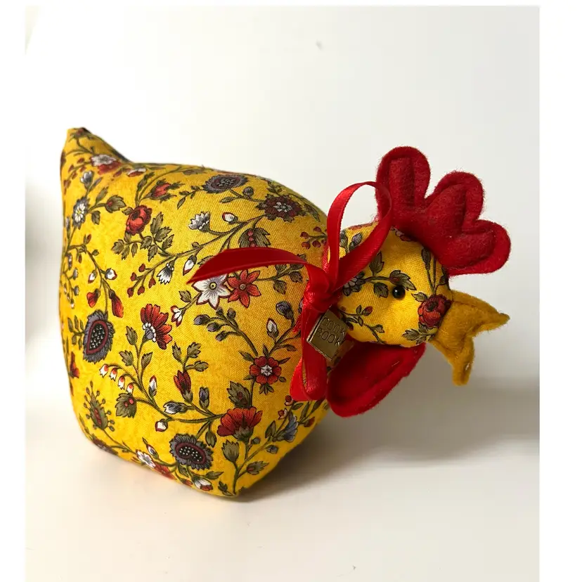 Collectable Creations Judy Holland & Charlotte Colistro Brown Handmade Fabric Stuffed Yellow Chicken Floral Pattern 5.2 in