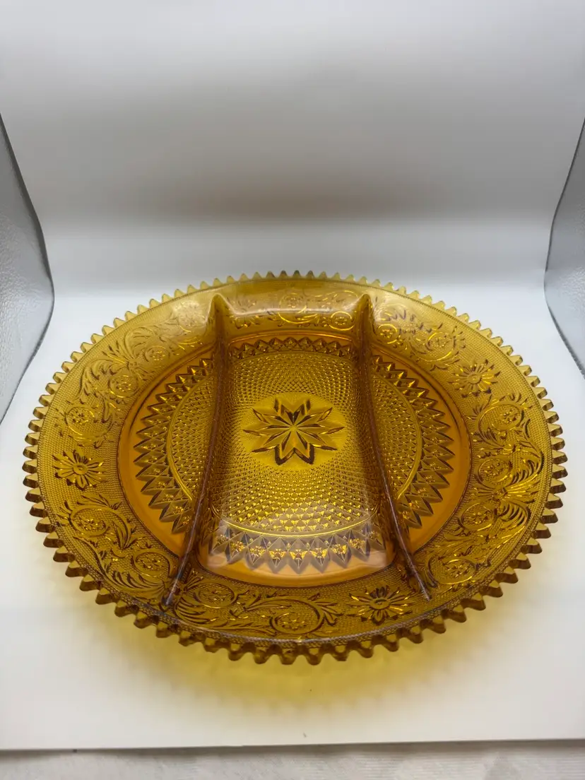 Vintage Tiara Indiana Glass Amber Divided Serving Dish 12”x12”