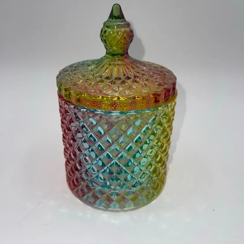 Beautiful  "Rainbow" Glass Covered Jar 5.5” x3.5”