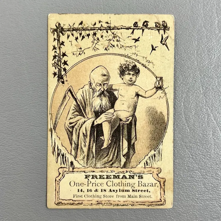 Victorian Trade Card Freeman's One Price Clothing Bazar Hartford CT 3.75x2.5" 14,16&18 Asylum Street