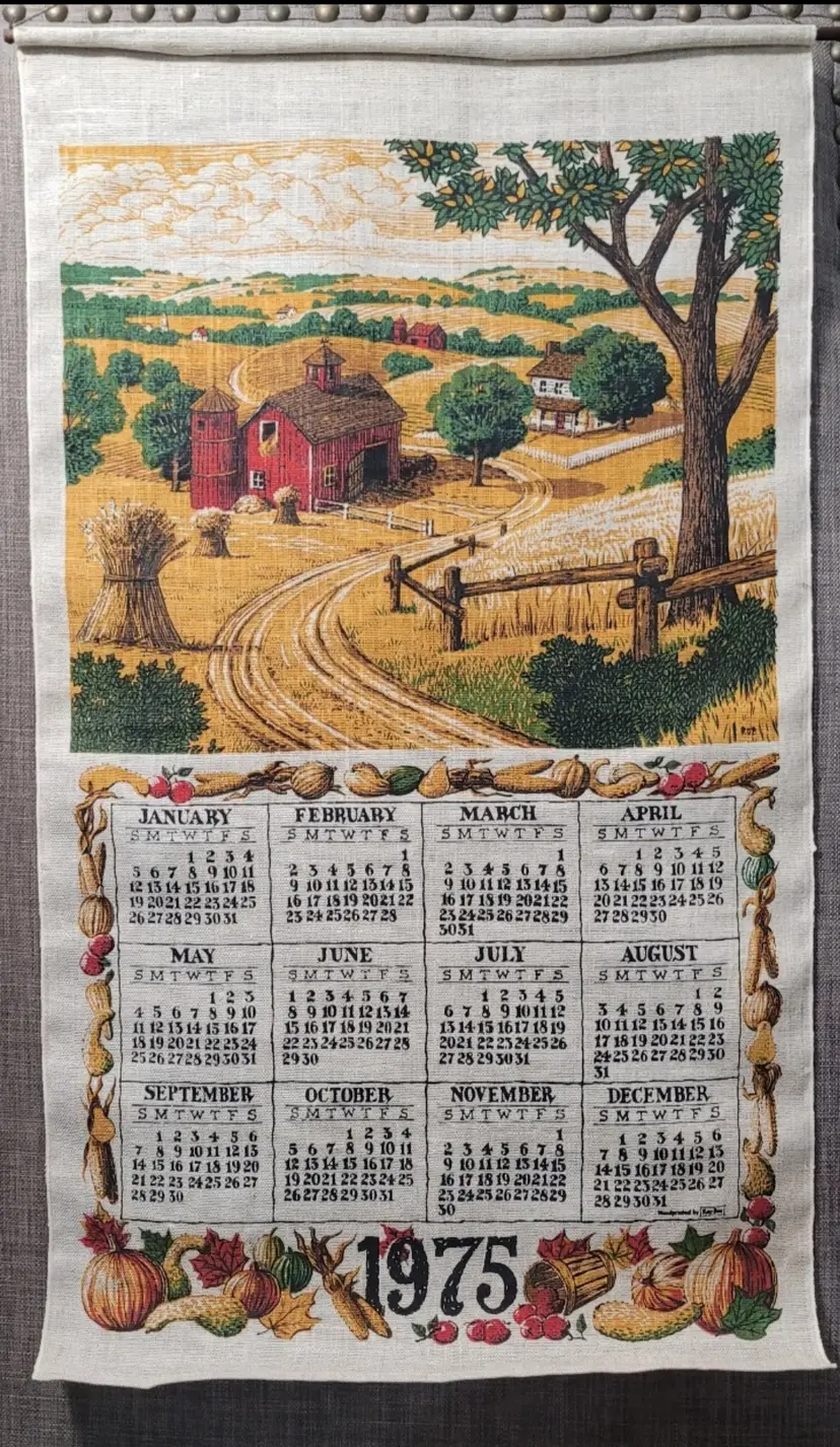 Tea Linen Wall Hanging Calendar 1975