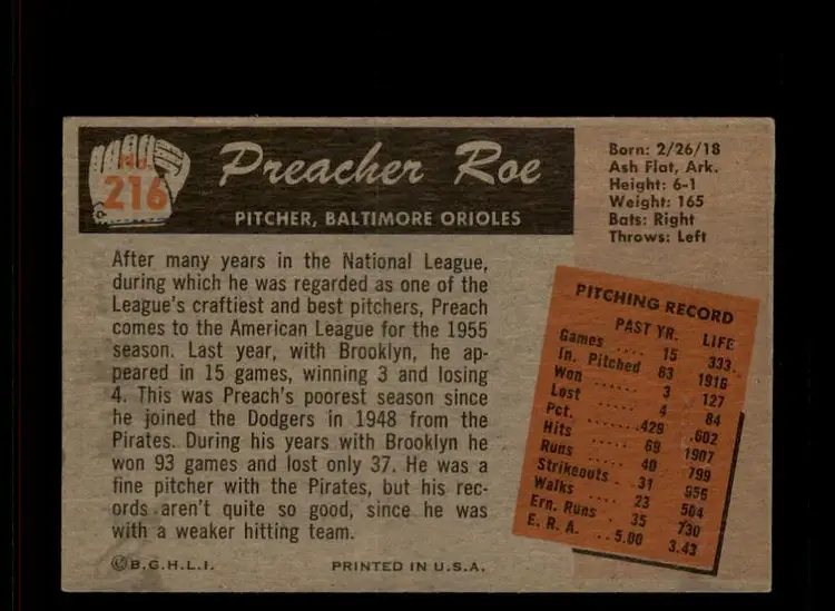 1955 Bowman #216 Preacher Roe - (pk-tl3) - Baltimore Orioles