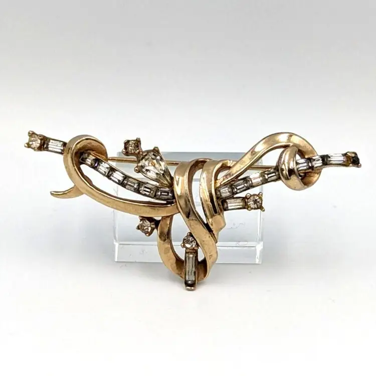 Gold Tone Clear Rhinestone Brooch Vintage Baguette Crystals Unmarked Pin