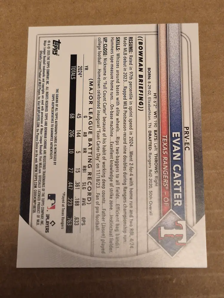 Evan Carter 2025 Bowman Blue Refractor Auto /150 #PRV-EC Rangers