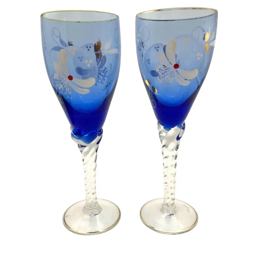 BIN - Pair Of Vintage Cobalt Hand Painted Bohemian Wine glasses 7.25”