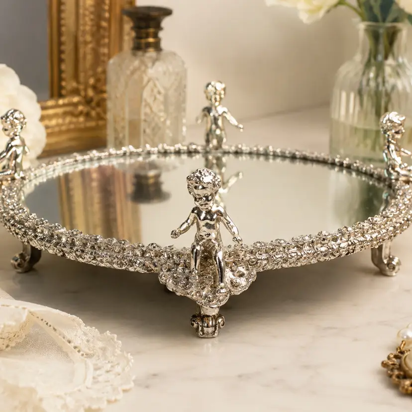 Vintage Sam Fink Silver Tone Cherub Vanity Tray Oval Harp Feet Hollywood Regency