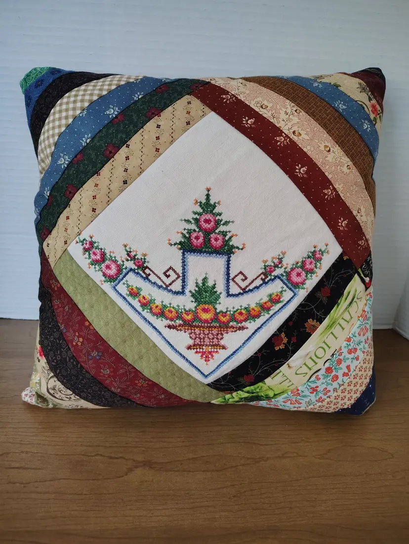 Vintage Handmade Quilted Patchwork Pillow Cross Stitch Flowers Log Cabin Style
