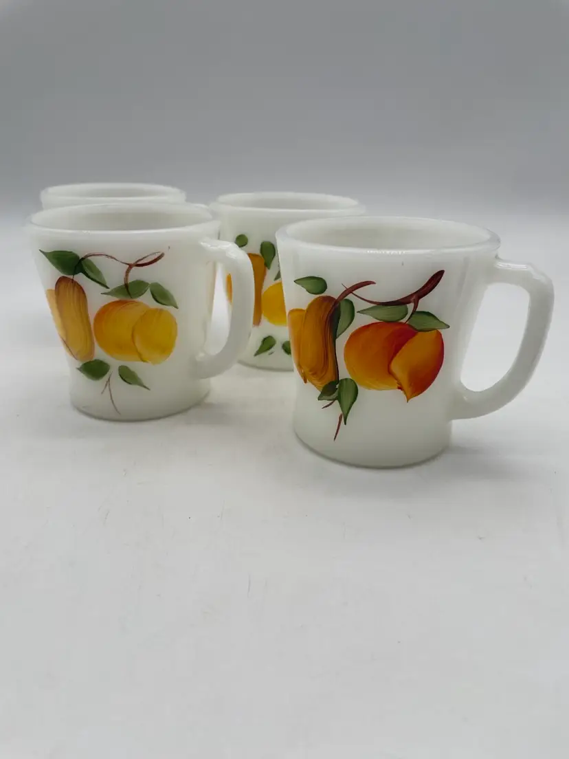 Vintage Set Of 4 Fire King Milk Glass Hand Painted Fruit Mugs