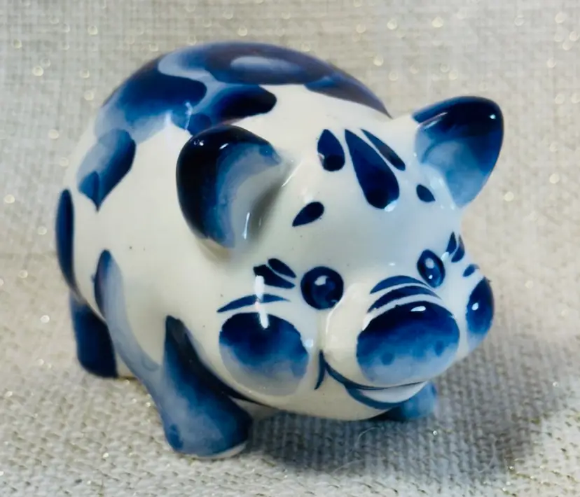 Porcelain gzhel Pig Piglet figurine handmade 3.5" X 2" Blue and White