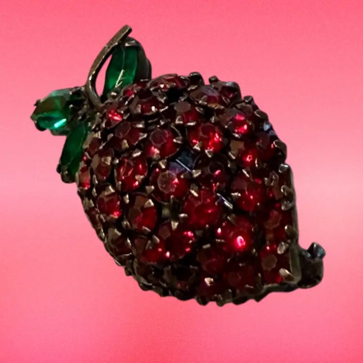 Vintage Joseph Warner Japanned Crimson Red Rhinestone Domed Strawberry Brooch, 2”