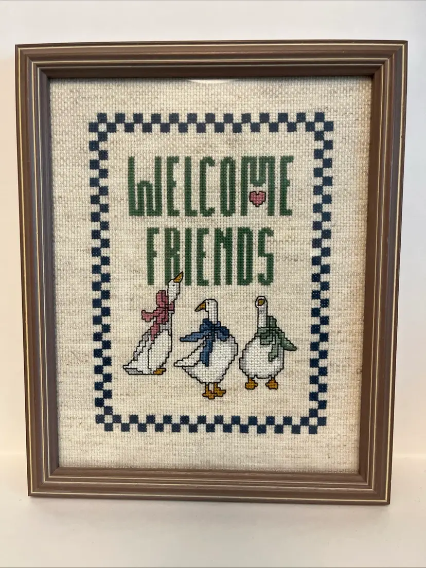 “Welcome Friends” Framed Counted Cross Stick Fun Ducks ~Bows Around Their Necks