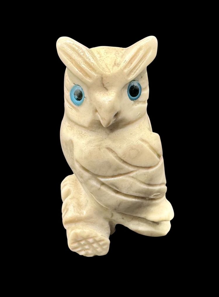 Hand Carved White Stone Miniature Owl Bird Figurine Blue Eyes 1.5”