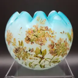 Italian Mother of Pearl Blue Satin Glass Rose Bowl vase with hand-painted enamel flowers.