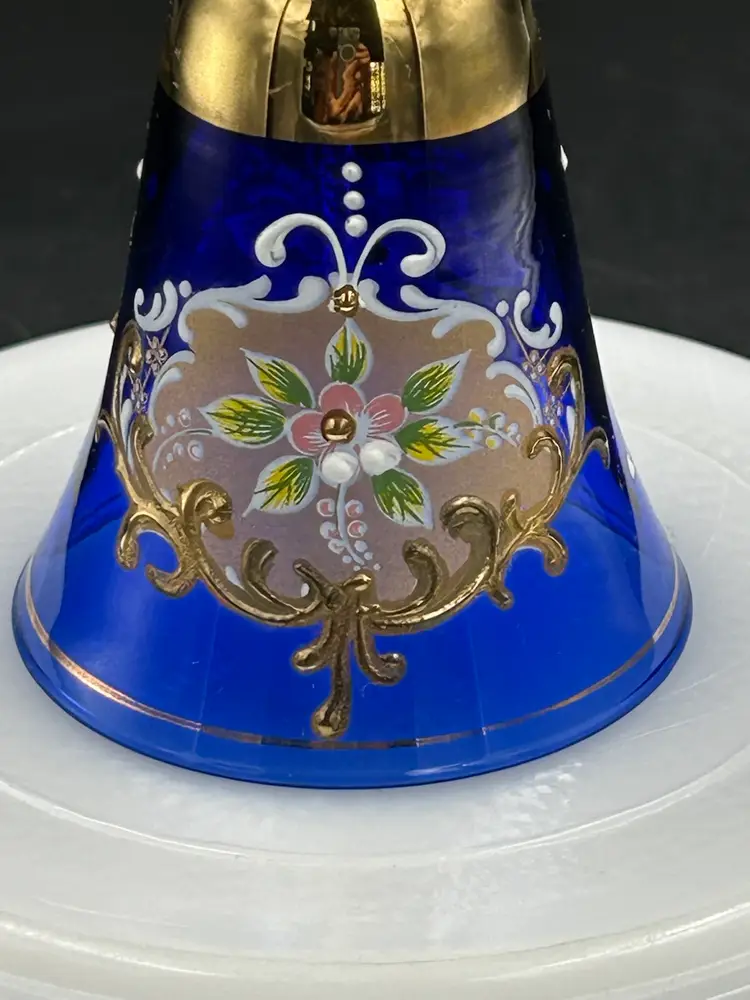 Vintage Cobalt, Blue Glass And Gold Hand Painted Floral Bell