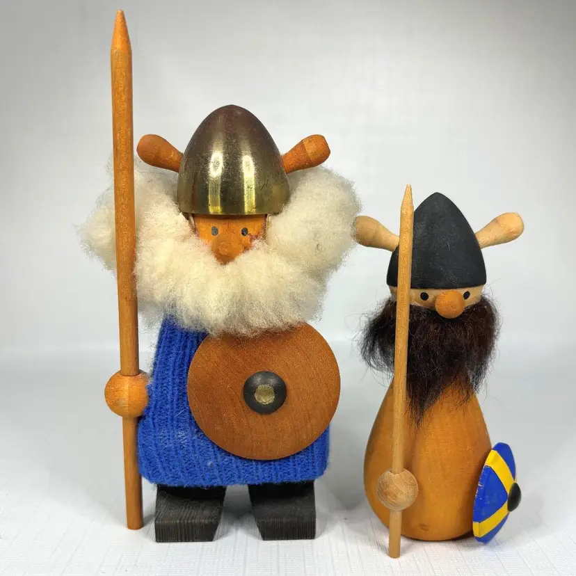 2 Mid Century Modern Swedish Wood Viking Figure Wood Faux Fur Vintage