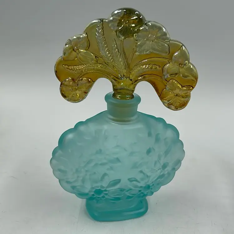Fenton Floral Aqua Satin Glass Perfume Bottle With An Amber Iridescent Glass Stopper. 95th Anniversary Collection.