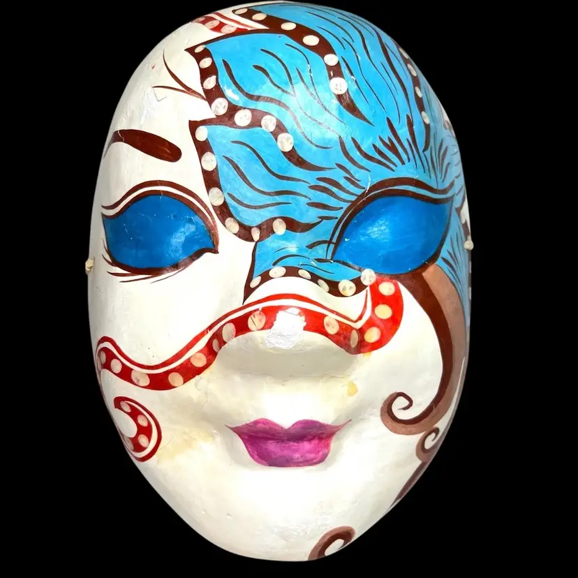 Mardi Gras / Carnivale Style Paper Mache (Papier-mâché) Art Mask. Blue Flower & Red Octopus Tentacles Design. Great Wall Decor.  12” x 8-1/2” x 3-1/2”