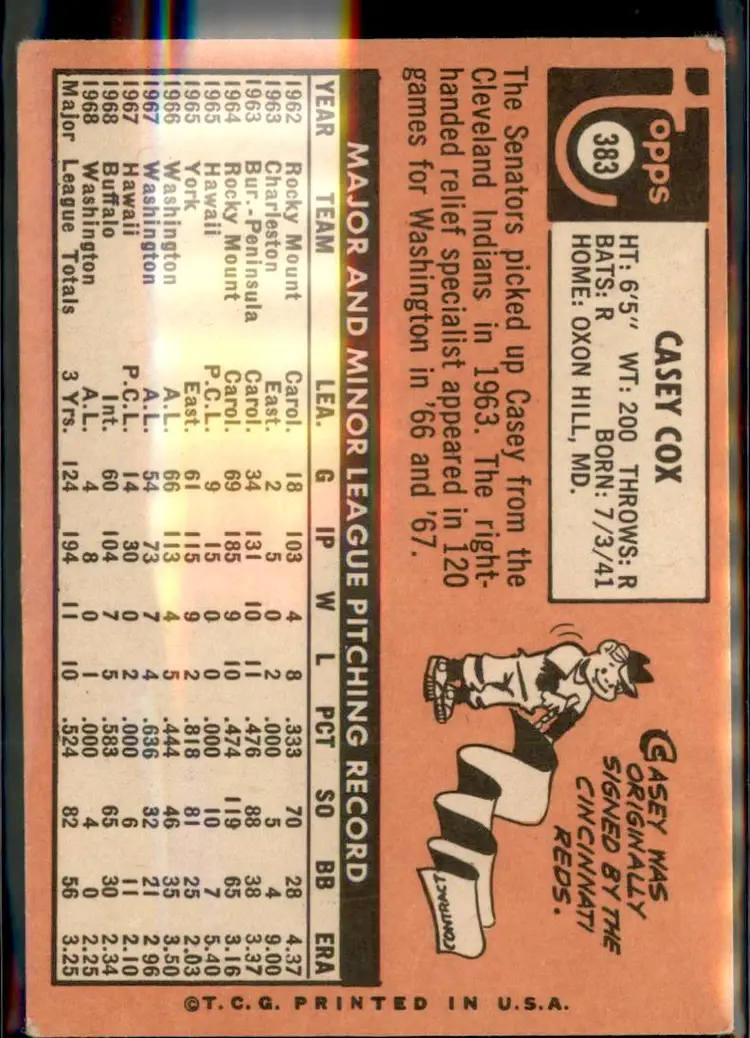 1969 Topps #383 Casey Cox - (pk3) - Washington Senators