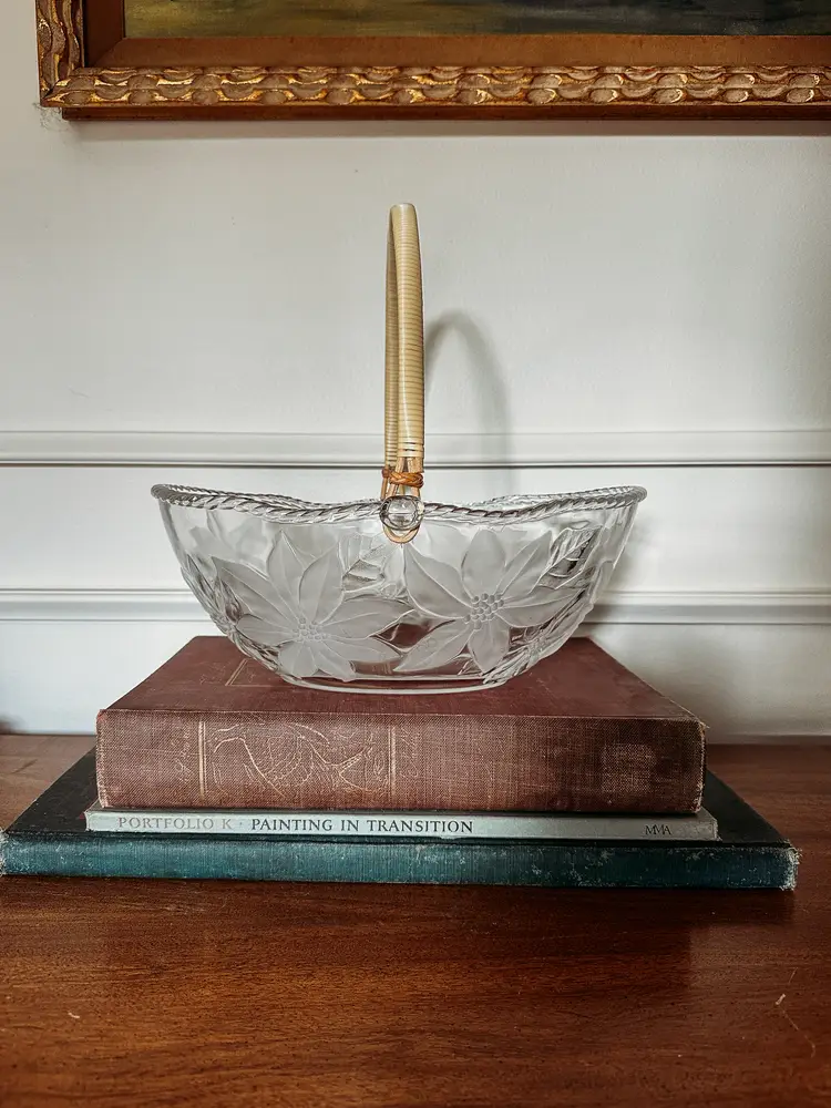 Vintage Glass Poinsettia Basket with Bamboo Handle Embossed Design WP&G Frosted