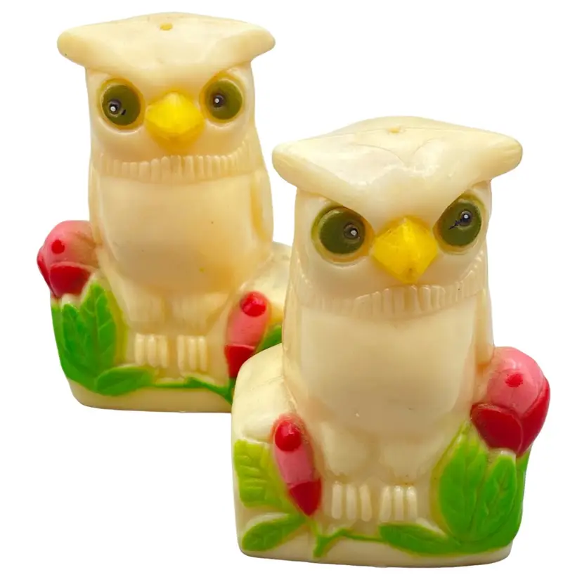 Vintage Owl Shakers Floral Funky Plastic Retro Grannycore