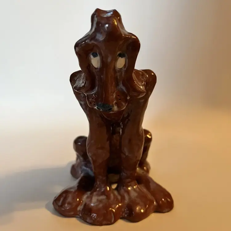 Vintage Redware Pottery Derpy Hound Dog Sculpture 6.25"H SIGNED by Artist