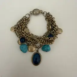 Chunky Metal Charm Bracelet With Blue & Turquoise Toned Stones