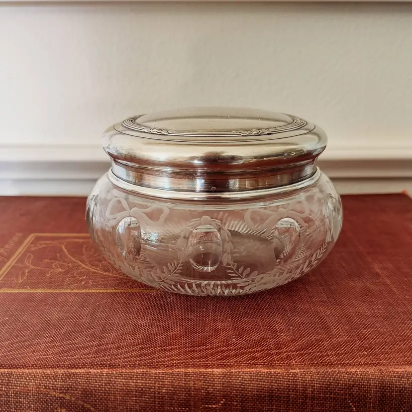 Antique Crystal Vanity/Dresser Jar with Silver Lid