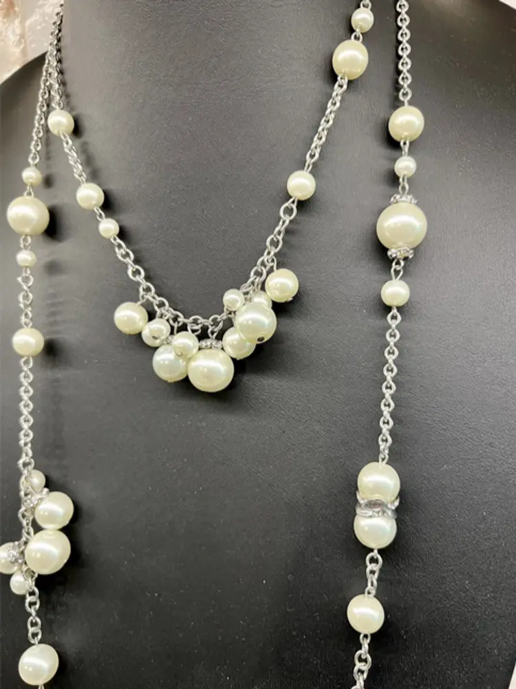 White House Black Market Faux Pearl Silver Tone Chain Double Strand Necklace #F-9