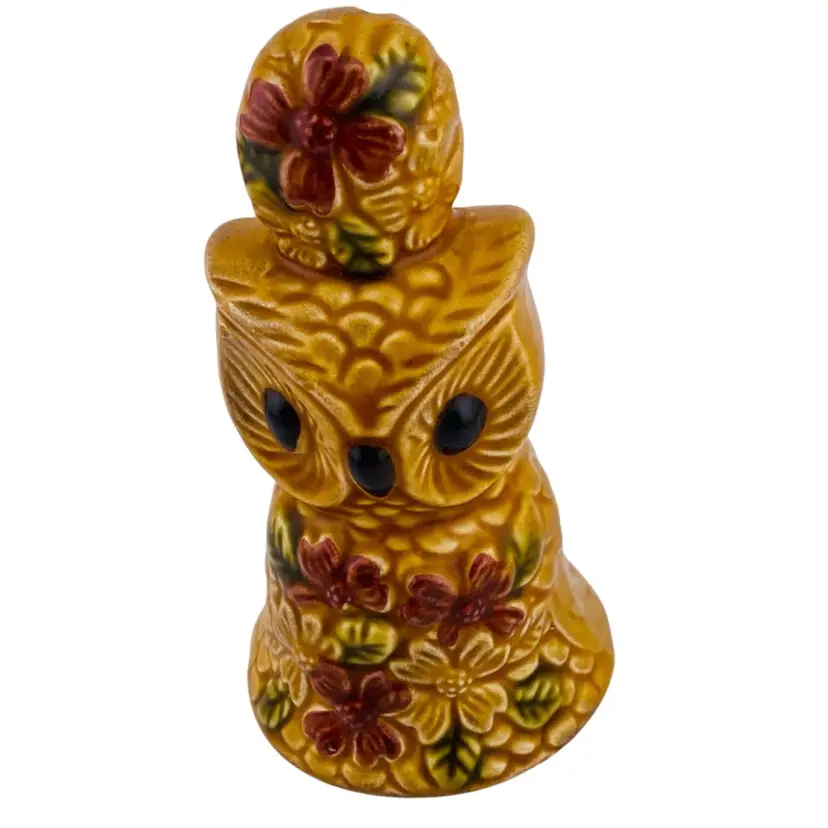 Vintage Owl Bird Floral Bell Ceramic Brown Boho Retro Original Japan Label