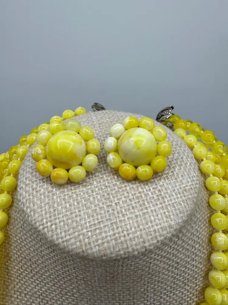Vintage Five Strand Canary Yellow Round Beaded Necklace With Matching Clip On Earrings