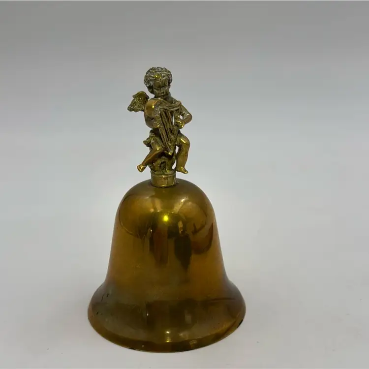 Vintage Brass cherub Bell 4 Inches Tall, Playing A Harp Wing Angel