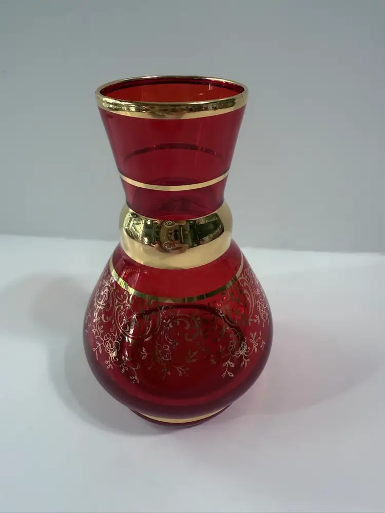 Vintage Bud Vase ~ Red Glass with Gold Bands and Filigree Design- Made in Italy