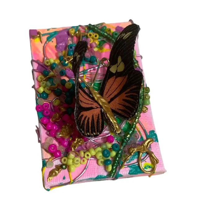 #08  Study 📚 #8 Gorgeous Made By Me Sustainable Art Mounting Of Faux Butterfly 🦋 On Tiny 2.5” By 3.75” Stretched Canvas Frame UV Reactive Glowy