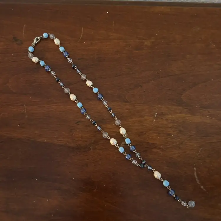 Vintage Chain Beaded Necklace Blue & White 16”