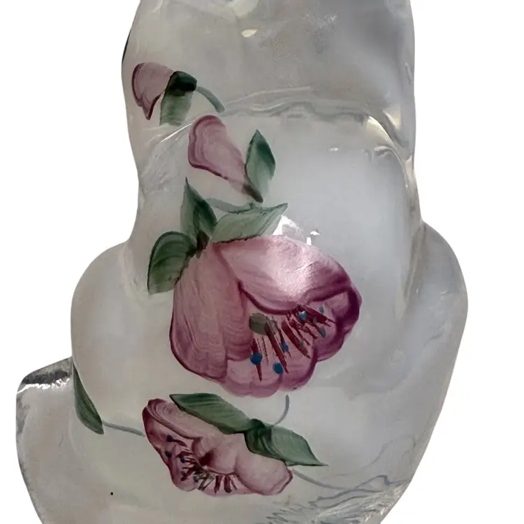 Fenton Art Glass Cat Opalescent Clear Hand-painted Florals Signed D. Wright Fenton Label
3-3/4” T x 2-3/4” L x 2” W