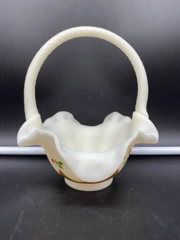 Fenton White Custard Ruffled Basket Twisted Handle Hand Painted Berries Signed