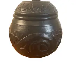 Carved Wood Round Black Jar