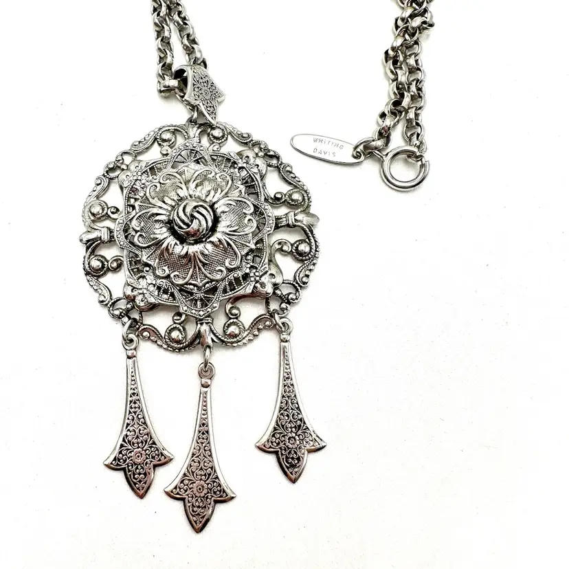 Whiting & Davis Signed Silver Tone Pendant Necklace Bridgerton Inspired Jewelry 28”L