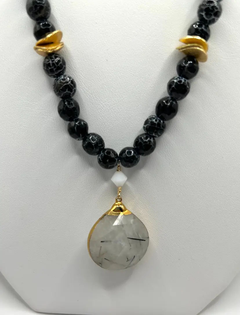 Cracked Agate and Quartz Gold Tone Necklace and Earring Set Made By Me