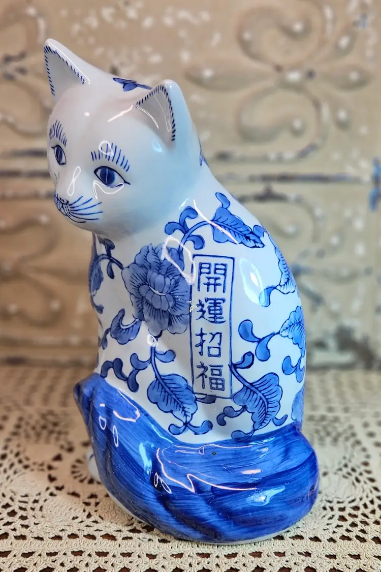 Vintage Cobalt Blue & White Porcelain Cat "Good Fortune" Right Paw Up Figurine