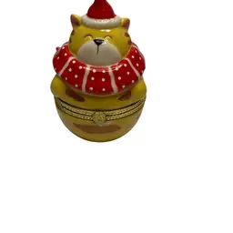Ceramic Kitty With Santa Hat And Scarf Trinket Box @ 3 1/2” Some Paint Loss