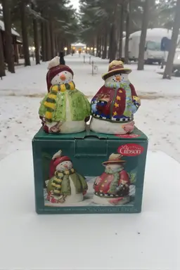 Gibson Snowman Frolic Porcelain Salt Pepper Shakers with Box Vintage Winter
