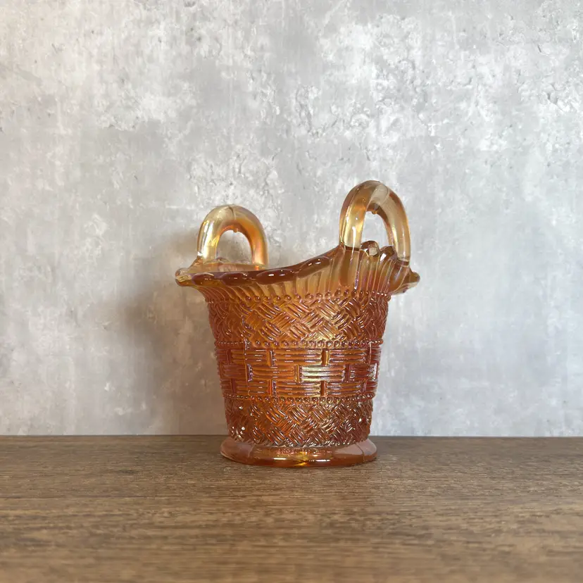 Antique Dugan Carnival Glass Basket – Basketweave & Beads – Marigold Iridescent – Early 1900s