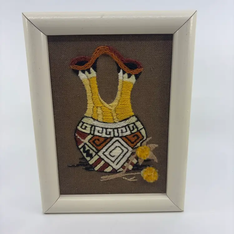 Native American Wedding Vase Vtg Framed Crewel 8x6