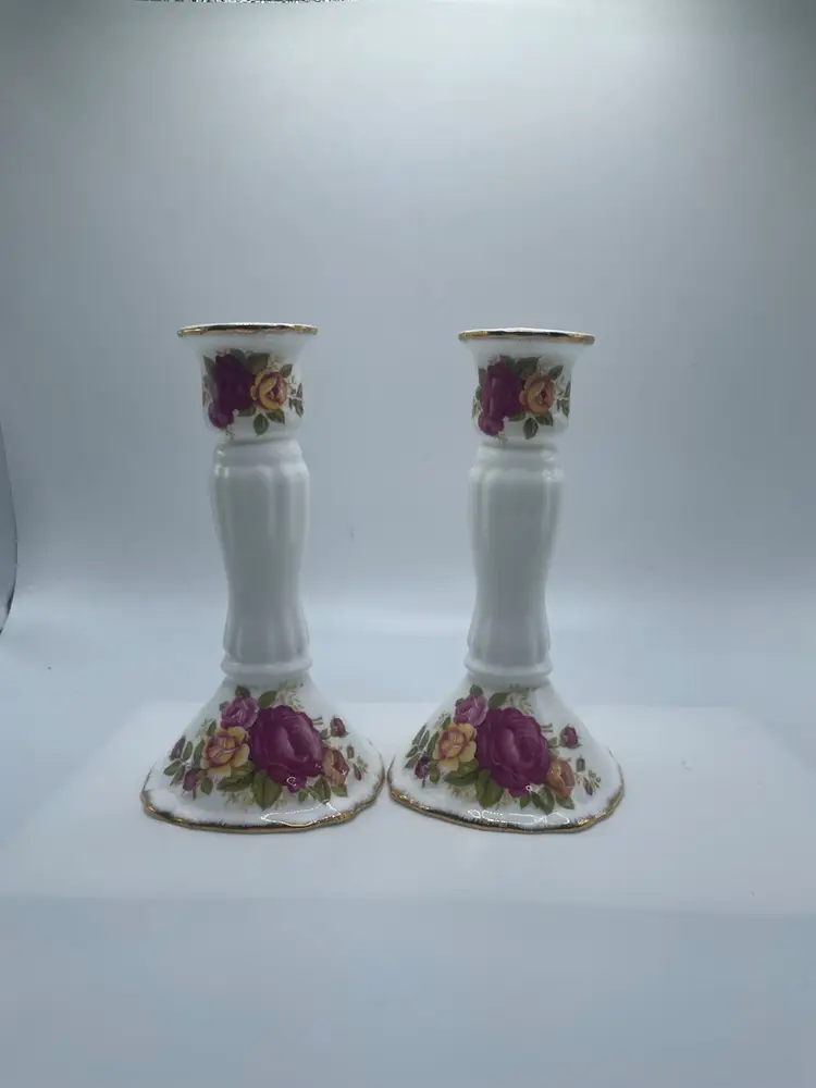Vintage Fine China “Cottage Rose” 5 Inch Candlestick Holders And Trinket Dish