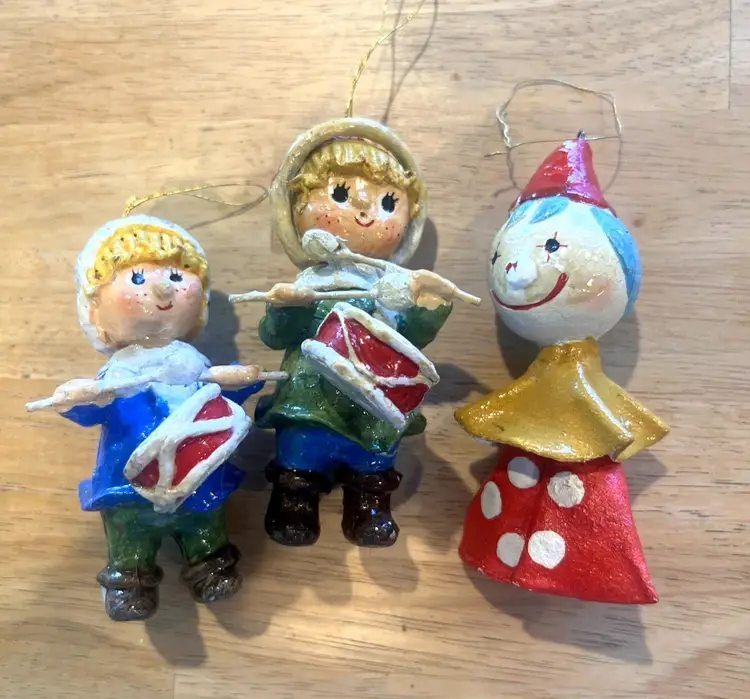 Lot of 3 Vintage Whimsical Paper Miche Christmas Ornaments Drummer Boy & Clown
