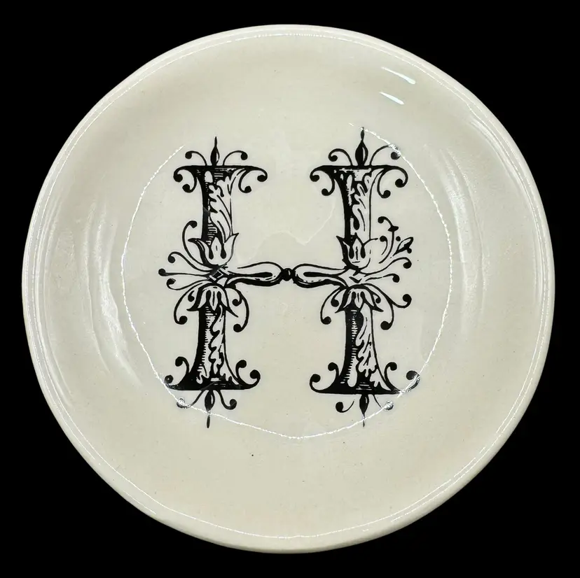 Creative Co-op Ceramic Pottery Trinket Dish Monogram Initial H Black White 3.75”