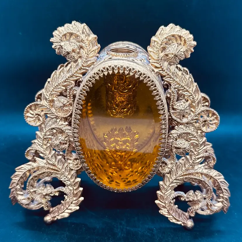 29. VTG Ormolu Filigree Amber glass Hollywood regency perfume bottle