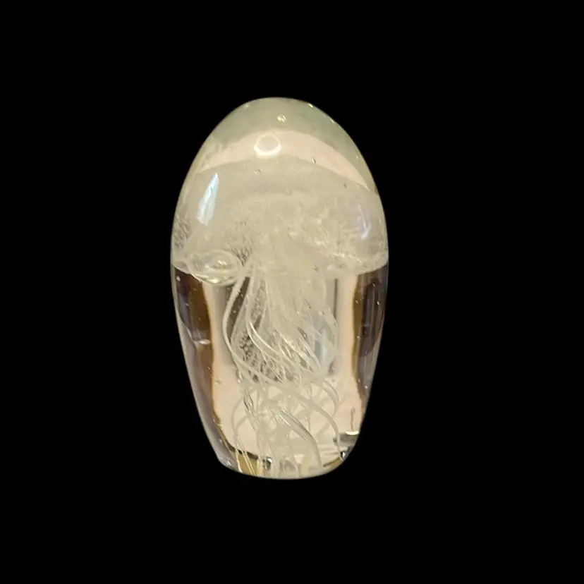 09. White Glass Jellyfish Paperweight 3” UV Glow